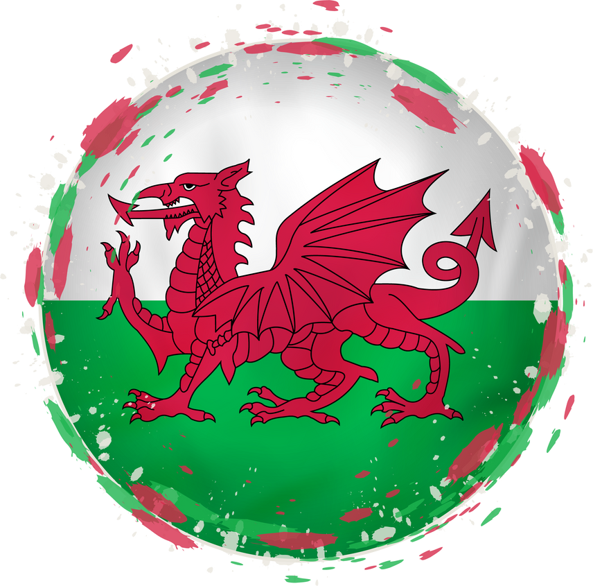 Round Grunge Flag of Wales with Splashes in Flag Color.